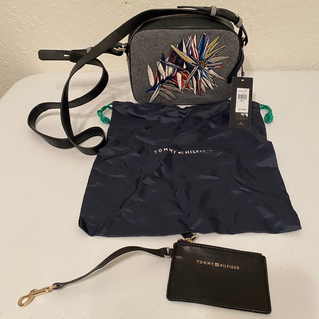 Tommy Hilfiger Camera Bag Black/Gray Leather Crossbody Floral Embroidered